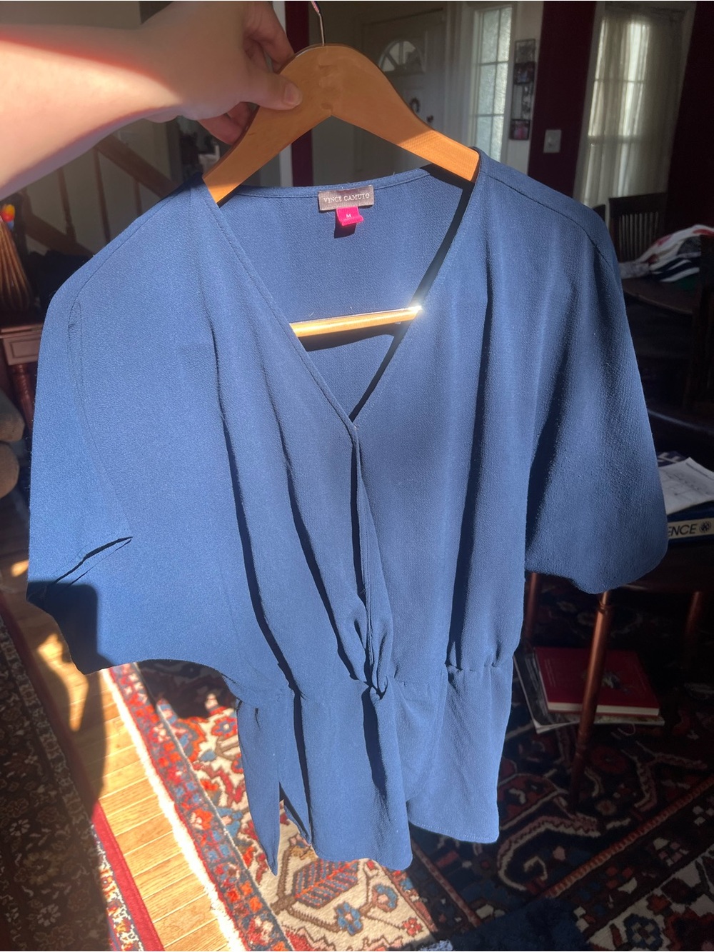Vince Camuto Navy Blue Wrap-Front Short Sleeve Blouse